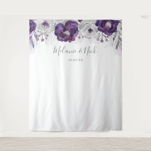 パープル シルバー フラワー ウェディング フォト 背景 タペストリー (正面)