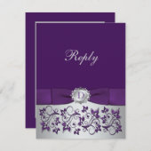 パープル、シルバー フローラル スクロール ウェディング 返信カード (正面/裏面)