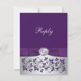 パープル、シルバー フローラル スクロール ウェディング 返信カード
