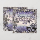 パープル＆シルバー・マスカレード＆ウィンタースノーフレーク 招待状 (正面/裏面)