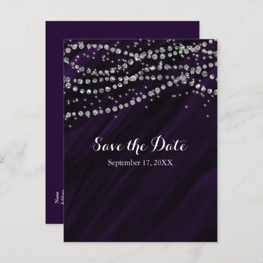 パープル&シルバー 偽ダイヤモンドの輝き Save The Date 案内ポストカード (正面/裏面)