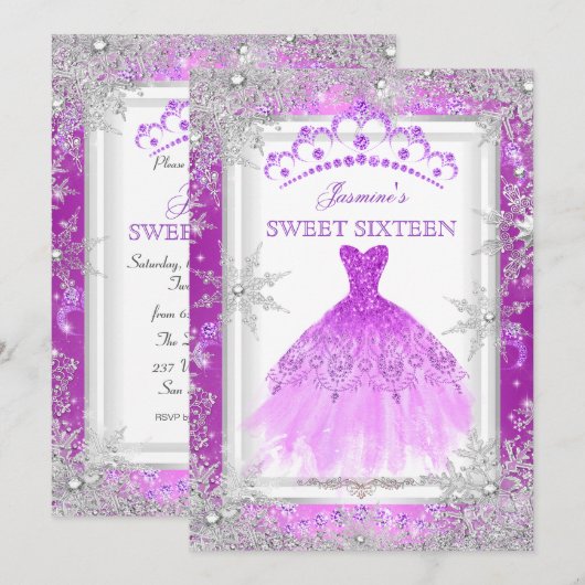 パープル シルバー 冬のワンダーランド Sweet 16 招待状 (正面/裏面)