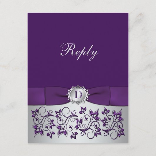 パープル シルバー 花巻 結婚式 返信カード (正面)