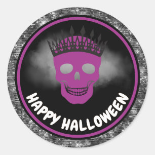 パープル スカル クイーン & ブラック グリッター ハロウィン ラウンドシール
