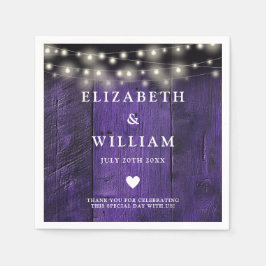 パープル ストリング ライト ラスティック ウッド ボヘミア バーン ウェディング スタンダードカクテルナプキン