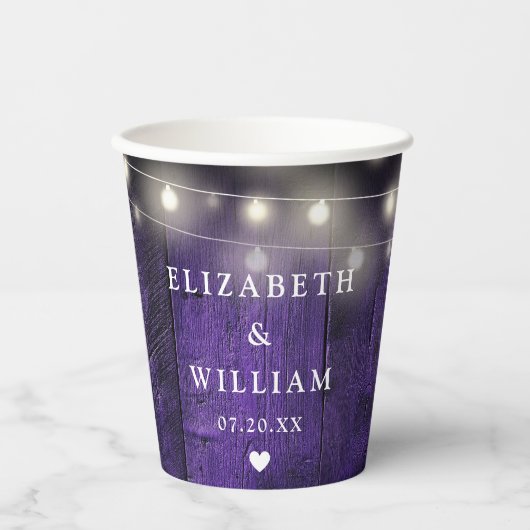 パープル ストリング ライト ラスティック ウッド ボーホー バーン ウェディング 紙コップ (正面)