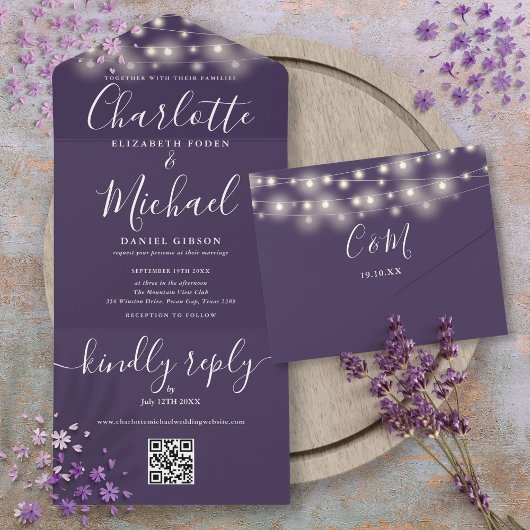 パープル ストリング ライト QR コード モノグラム ウェディング オールインワン招待状