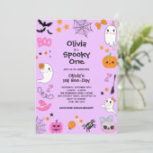 パープル スプーキーワン かわいい ハロウィン 1歳 誕生日 招待状 (スタンド正面)