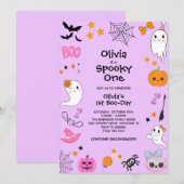 パープル スプーキーワン かわいい ハロウィン 1歳 誕生日 招待状 (正面/裏面)
