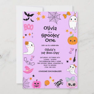パープル スプーキーワン かわいい ハロウィン 1歳 誕生日 招待状