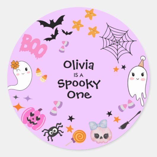 パープル スプーキー かわいいハロウィン 誕生日 ラウンドシール (正面)