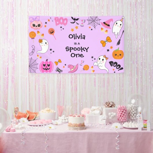 パープル スプーキー かわいいハロウィン 誕生日 横断幕 (パーティー)