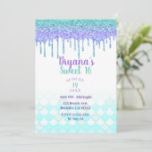 パープル＆ターコイズアクアグリッター ドリップマーメイド スイート16 招待状 (スタンド正面)