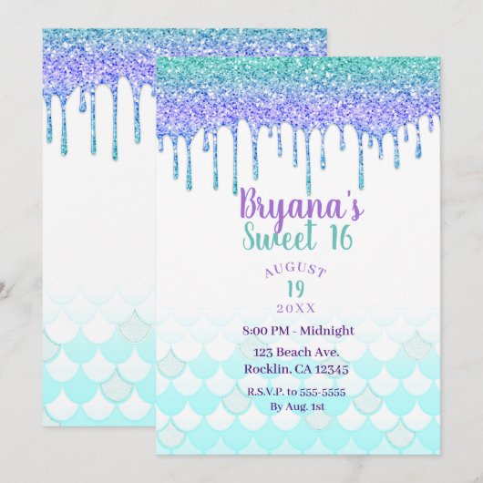 パープル＆ターコイズアクアグリッター ドリップマーメイド スイート16 招待状 (正面/裏面)