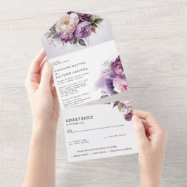 パープル ダスティー ブラッシュ ピンク フローラル ウェディング オールインワン招待状