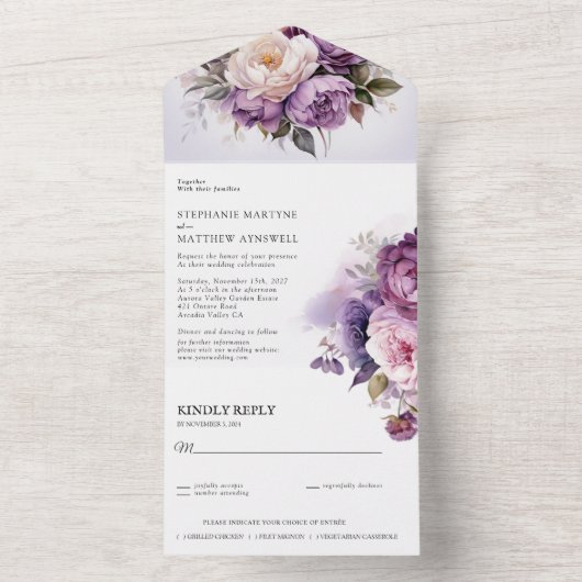 パープル ダスティー ブラッシュ ピンク フローラル ウェディング オールインワン招待状 (内側)