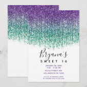 パープル ティール スパークリー グリッター スイート16 バースデー 招待状 (正面/裏面)