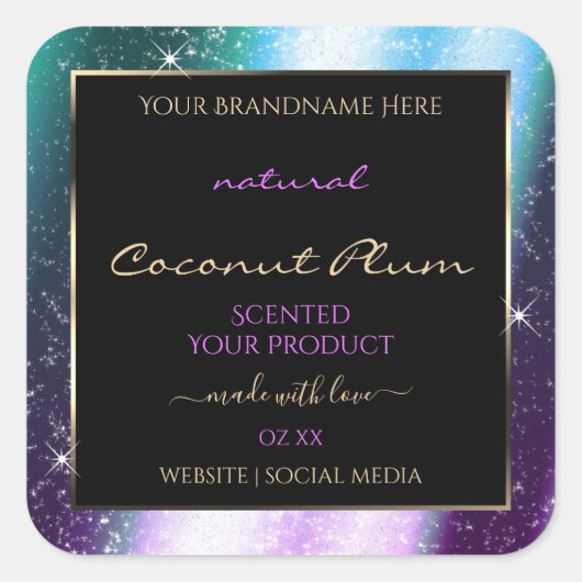 パープル ティール スパークル グリッター フレーム 製品ラベル スクエアシール (正面)