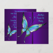 パープル ティール バタフライ スイート 16 誕生日パーティー 招待状 (正面/裏面)