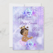 パープル ティール フラワーの女の子のベビーシャワー ダーク ブルネット 招待状 (正面)