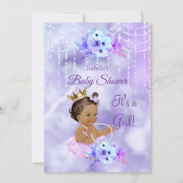 パープル ティール フラワーの女の子のベビーシャワー ダーク ブルネット 招待状