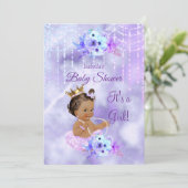 パープル ティール フラワーの女の子のベビーシャワー ダーク ブルネット 招待状 (スタンド正面)