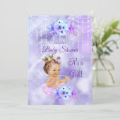 パープル ティール フラワーの女の子のベビーシャワー 黒髪の女性 招待状 (スタンド正面)