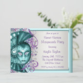 パープル ティール ブルー スイート シックスティーン マスカレード パーティー 招待状 (スタンド正面)