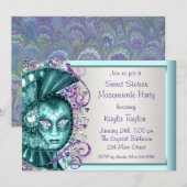 パープル ティール ブルー スイート シックスティーン マスカレード パーティー 招待状 (正面/裏面)