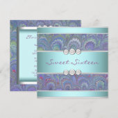 パープル ティール ペコック ペイズリー スウィート 16 パーティー 招待状 (正面/裏面)