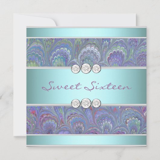 パープル ティール ペコック ペイズリー スウィート 16 パーティー 招待状 (正面)