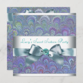 パープル ティール ペコック ペイズリー 誕生日パーティー 招待状 (正面/裏面)
