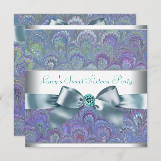 パープル ティール ペコック ペイズリー 誕生日パーティー 招待状 (正面/裏面)