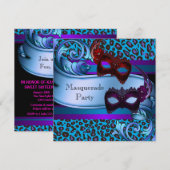 パープル ティール レオパード マスク スイート 16 マスカレード 招待状 (正面/裏面)