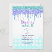 パープル&ティール(緑がかった色)アクアグリッタードリップマーメイドスウィート16 招待状 (正面)