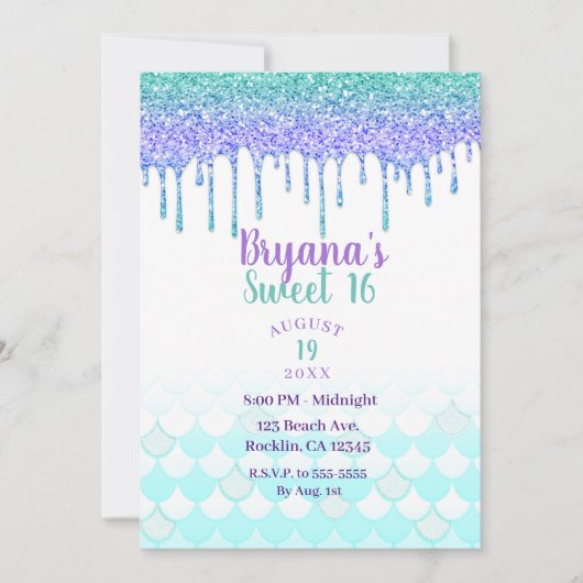 パープル&ティール（緑がかった色）アクアグリッタードリップマーメイドスウィート16 招待状 (正面)