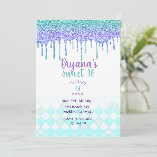 パープル&ティール(緑がかった色)アクアグリッタードリップマーメイドスウィート16 招待状 (スタンド正面)