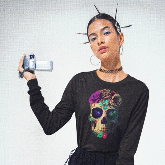 パープル&ティール（緑がかった色）ウィメンズメキシカンディシュガースカル Tシャツ