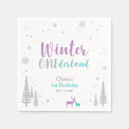 パープル&ティール（緑がかった色）ウィンターオネダーランド1st誕生日パーティー スタンダードカクテルナプキン