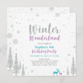 パープル&ティール(緑がかった色)ウィンターワンダーランドガール誕生日 招待状 (正面/裏面)