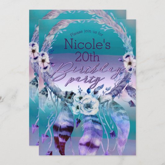 パープル&ティール(緑がかった色)ドリームキャッチャー保保バースデーパーティー 招待状 (正面/裏面)