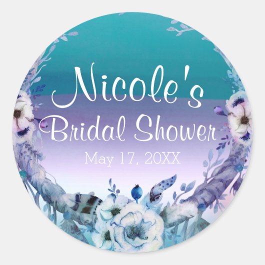 パープル&ティール（緑がかった色）ドリームキャッチャーBohoシックパーティーフェイト ラウンドシール (正面)