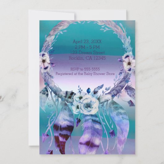 パープル&ティール(緑がかった色)ドリームキャッチャーBohoシック赤ちゃんシャワー 招待状 (裏面)