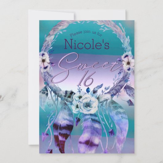 パープル&ティール(緑がかった色)ドリームキャッチャーBohoスウィート16パーティー 招待状 (正面)