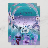 パープル&ティール(緑がかった色)ドリームキャッチャーBohoスウィート16パーティー 招待状 (正面/裏面)