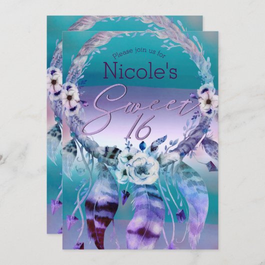 パープル&ティール(緑がかった色)ドリームキャッチャーBohoスウィート16パーティー 招待状 (正面/裏面)