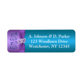 パープル、ティール（緑がかった色）ハート差出人住所ラベル ラベル