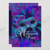 パープル&ティール（緑がかった色）フローラマスカレードスウィート16招待状 招待状 (正面/裏面)