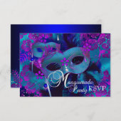 パープル&ティール（緑がかった色）フローラマスカレードパーティーRSVP 出欠カード (正面/裏面)