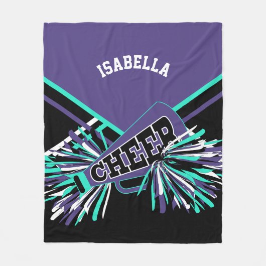 パープル、ティール（緑がかった色）、ブラック&ホワイトのチアリーダーデザイン フリースブランケット (正面)